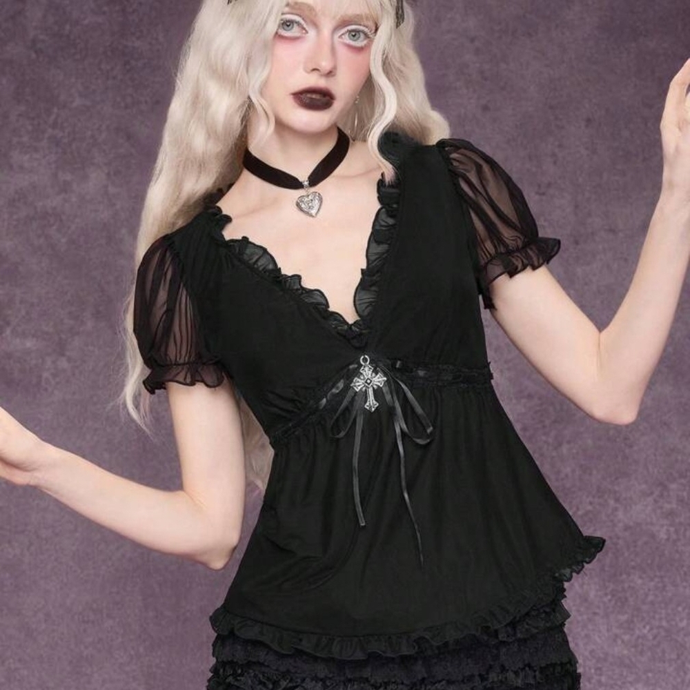ROMWE Black Ruffled Sheer Top
